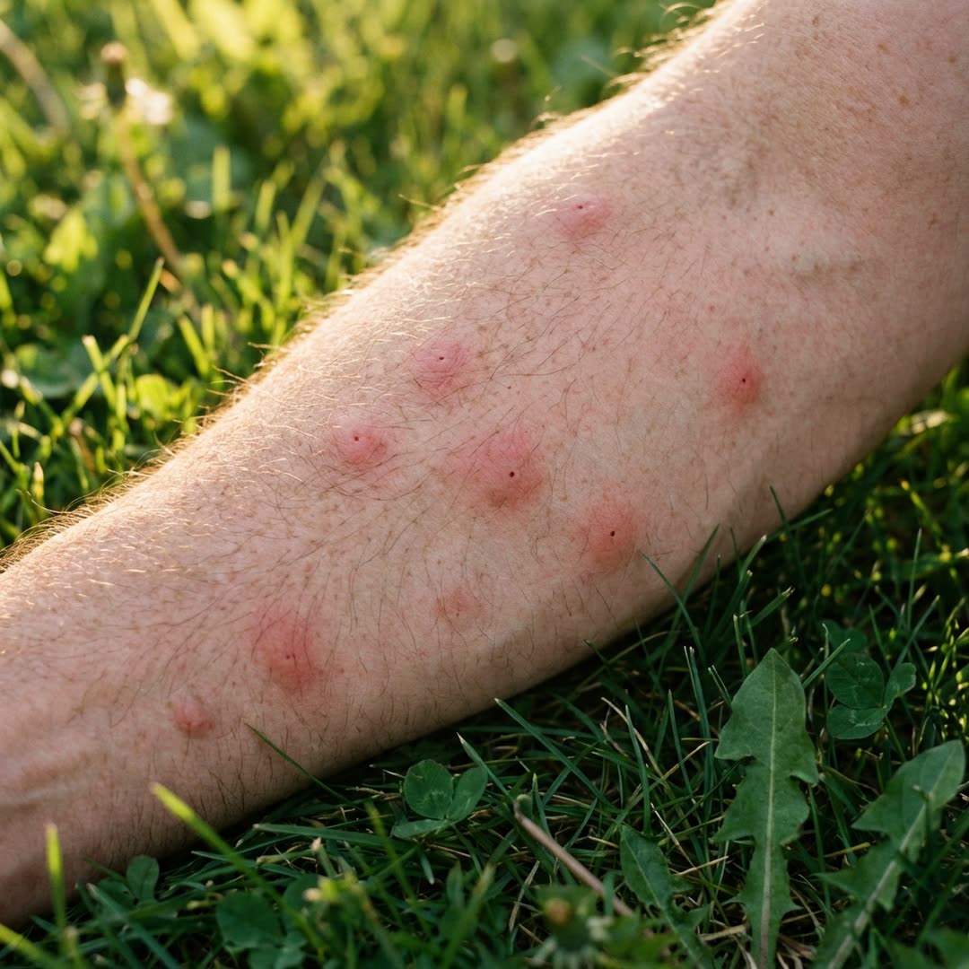 Right arm on grass with six fresh mosquito bite welts