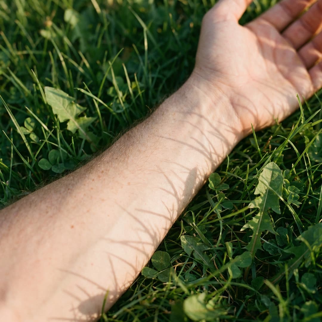 Left arm on grass, zero mosquito bites after 45 minutes with BuzzerBeater