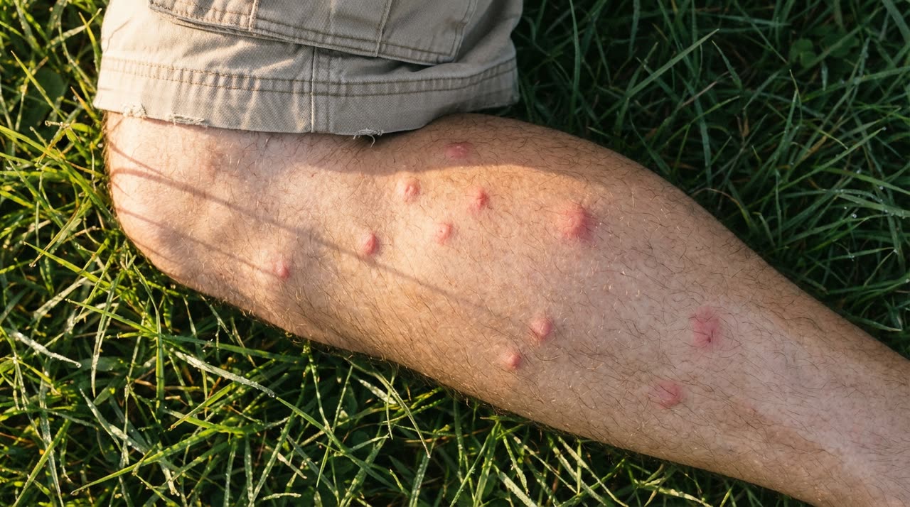 Man's lower leg on dewy grass covered in fresh mosquito bite welts after one night without BuzzerBeater